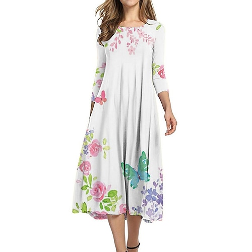 

Women's Shift Dress Midi Dress White Khaki 3/4 Length Sleeve Floral Ruched Print Fall Spring Round Neck Casual Vacation 2022 S M L XL XXL 3XL