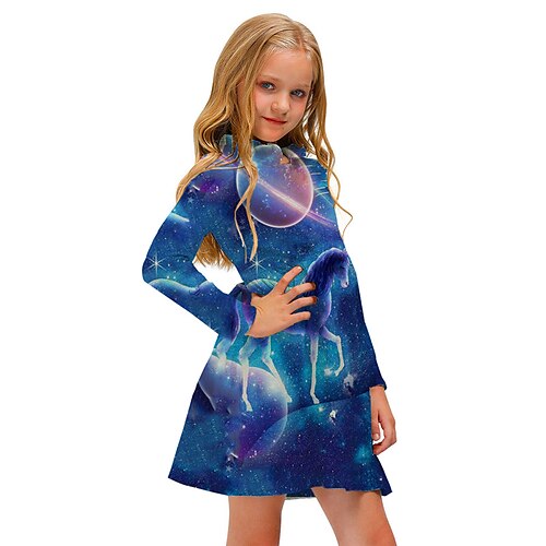 

Kids Little Girls' Dress Galaxy Horse Animal A Line Dress Daily Holiday Vacation Print Blue Above Knee Long Sleeve Casual Cute Sweet Dresses Fall Spring Regular Fit 3-12 Years