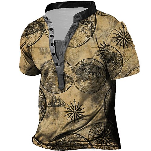 

Men's Henley Shirt Tee T shirt Tee 3D Print Graphic Patterned Map Plus Size Stand Collar Daily Sports Button-Down Print Short Sleeve Tops Designer Basic Casual Big and Tall Brown / Summer / Summer