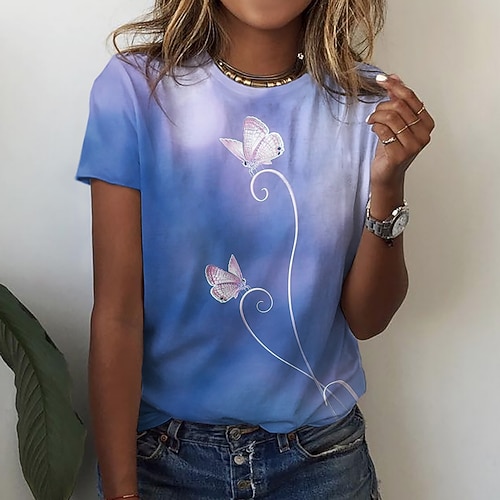 

Women's T shirt Tee Butterfly Casual Holiday Weekend Butterfly Painting T shirt Tee Short Sleeve Print Round Neck Basic Essential Green Blue Purple S / 3D Print