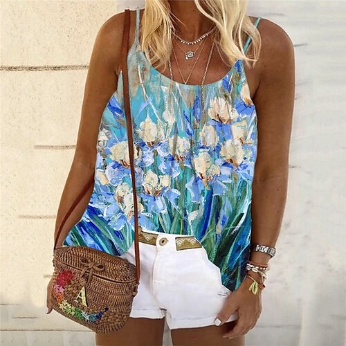 

Women's Plus Size Tops Tank Top Floral Print Sleeveless Strap Streetwear Daily Holiday Cotton Spandex Jersey Spring Summer Blue