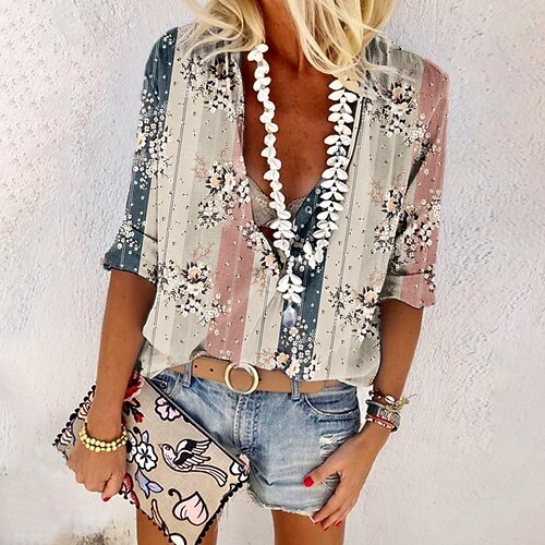 

Women's Blouse Floral Daily Weekend Floral Blouse Shirt Long Sleeve Button Print V Neck Casual Streetwear Green Black Gray S / 3D Print