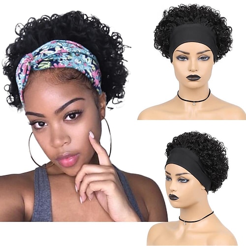 

Headband Wig Deep Curly Scarf Wig Brazilian Remy Human Hair for African Women Turban Wrap-wig Natural Hairline Glueless Machine Made Capless