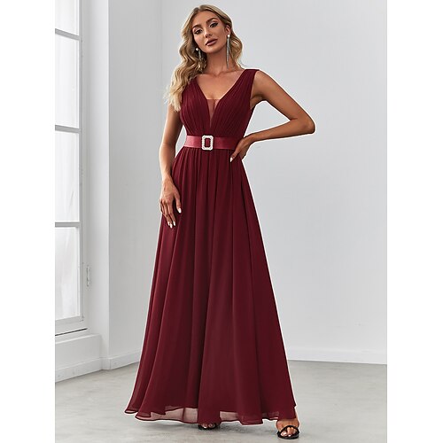 

A-Line Bridesmaid Dress V Neck Sleeveless Elegant Floor Length Chiffon with Draping / Crystal Brooch / Ruching 2022