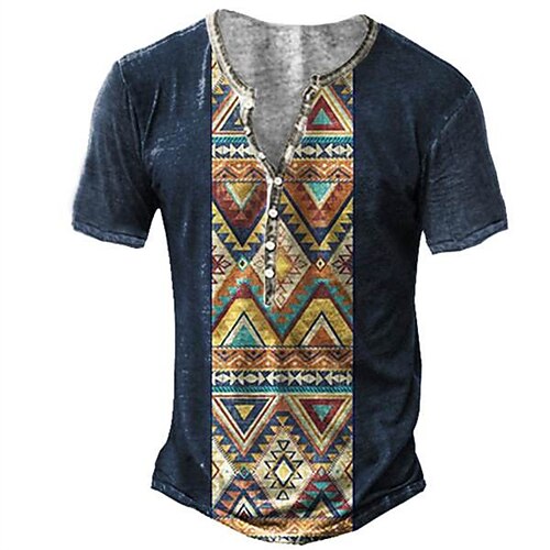 

Men's T shirt Tee Henley Shirt Tee Graphic Tribal Henley Navy Blue 3D Print Plus Size Outdoor Daily Short Sleeve Button-Down Print Clothing Apparel Basic Designer Casual Big and Tall / Summer