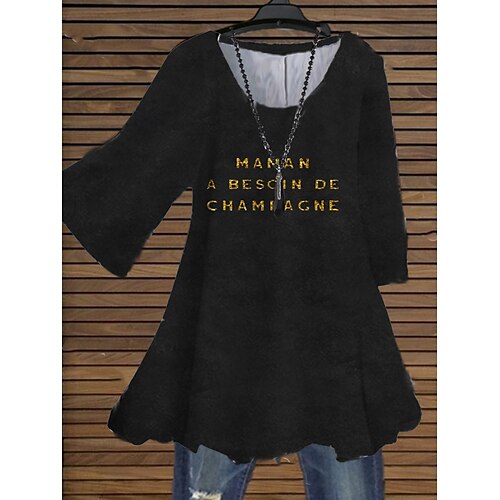 

Women's Plus Size Tops Blouse Shirt Letter Print 3/4 Length Sleeve Crewneck Streetwear Daily Holiday Cotton Spandex Jersey Fall Spring Black Blue