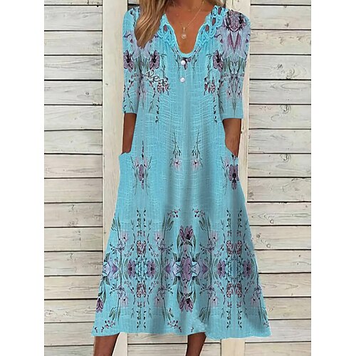 

Women's Casual Dress Midi Dress Blue Half Sleeve Floral Ruched Fall Spring Autumn V Neck Loose Fit 2022 S M L XL XXL 3XL