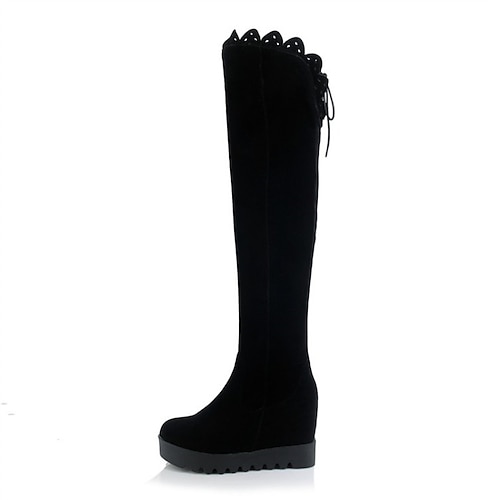 

Women's Boots Daily Over The Knee Boots Winter Wedge Heel Round Toe Minimalism Nubuck Zipper Solid Colored Black