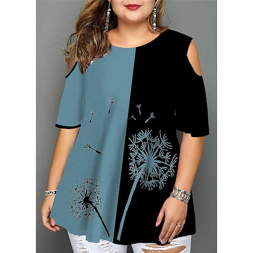 

Women's Plus Size Tops Blouse Shirt Floral Cut Out Print Half Sleeve Crewneck Streetwear Daily Going out Cotton Spandex Jersey Spring Summer White Blue