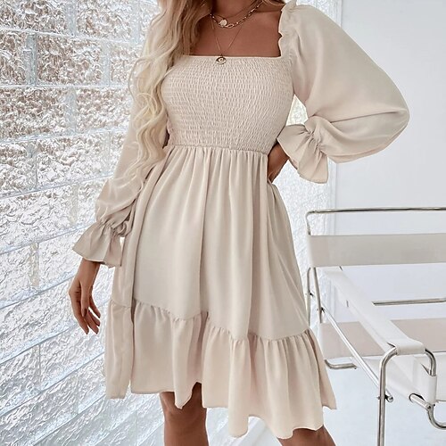 

Women's A Line Dress Short Mini Dress Green Black Wine Army Green Champagne Camel Beige Long Sleeve Pure Color Ruched Ruffle Fall Spring Square Neck Stylish Modern Puff Sleeve 2022 S M L XL