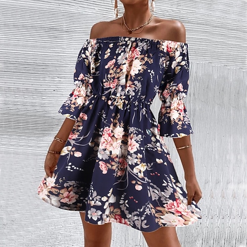 

Women's A Line Dress Short Mini Dress Black Navy Blue Light Blue 3/4 Length Sleeve Floral Backless Print Fall Spring Off Shoulder Casual Vacation 2022 S M L XL XXL