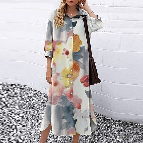 

Women's Shift Dress Midi Dress Blue Gray 3/4 Length Sleeve Floral Button Print Fall Spring Shirt Collar Casual Fashion 2022 S M L XL XXL 3XL