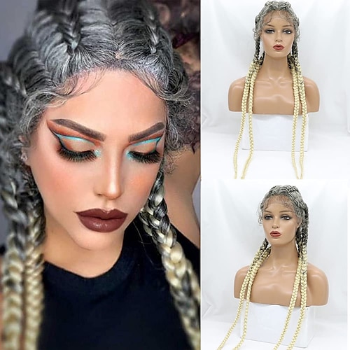 

Synthetic Lace Wig Plaited Style 36 inch Mixed Color Braid 13x4x1 T Part Lace Front Wig Women's Wig Ombre Black / Medium Auburn
