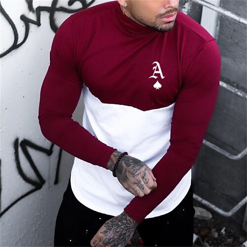 

Men's T shirt Tee Hot Stamping Graphic Patterned Color Block Crew Neck Street Daily Print Long Sleeve Tops Casual Comfortable WhiteRed