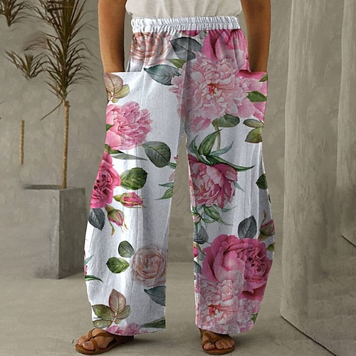 

Women's Plus Size Pants Chinos Pocket Print Floral Casual Streetwear Casual Daily Natural Full Length Fall Spring Gray Purple Pink L XL XXL 3XL 4XL
