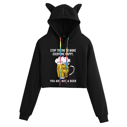 

Women's Cropped Hoodie Text Oktoberfest Beer Beer Cat Ear Print Daily Sports Hot Stamping Active Streetwear Hoodies Sweatshirts White Black Gray