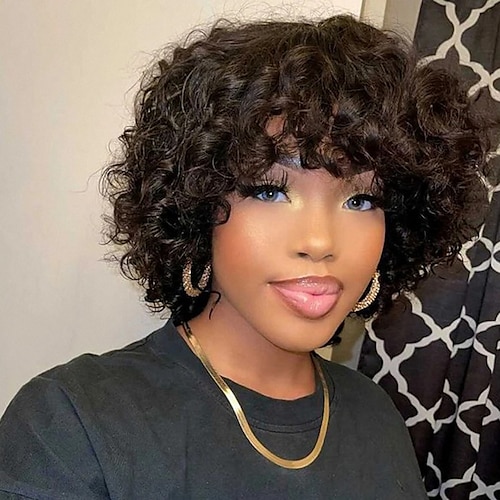 

Human Hair Wig Long Loose Curl With Bangs Natural Black Adjustable Natural Hairline For Black Women Machine Made Capless Brazilian Hair All Natural Black #1B 10 inch Daily Daily Wear Party & Evening
