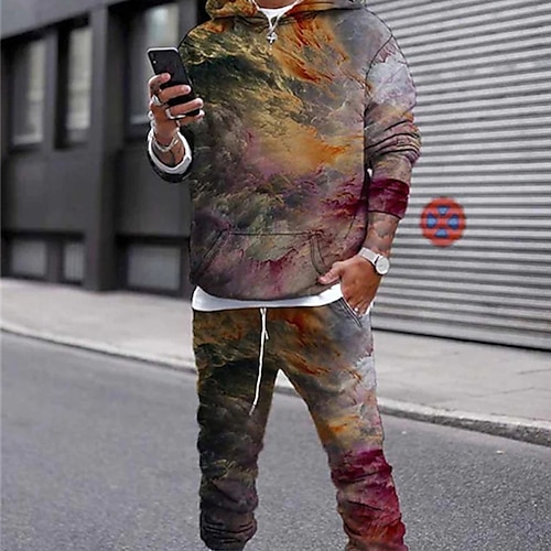 

Men's Tracksuit Hoodies Set Graphic Patterned Geometric 2 Piece Print Sports Outdoor Casual Sports 3D Print Sportswear Basic Essential Hoodies Sweatshirts Black Blue Brown