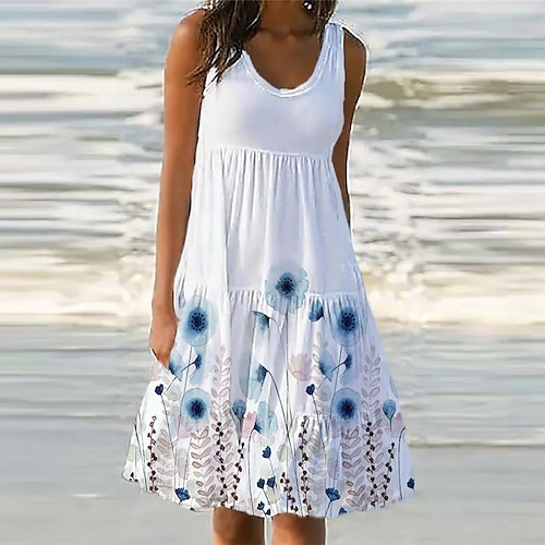 

Women's Shift Dress Knee Length Dress White Sleeveless Floral Pocket Print Spring Summer U Neck Casual Vacation 2022 S M L XL XXL 3XL