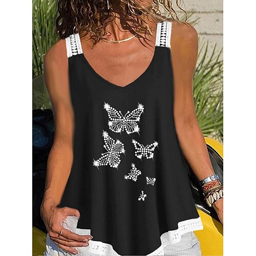 

Women's Tank Top Camis Wine Navy Blue Black Butterfly Flowing tunic Rhinestone Sleeveless Holiday Weekend Streetwear Casual V Neck Regular Butterfly S