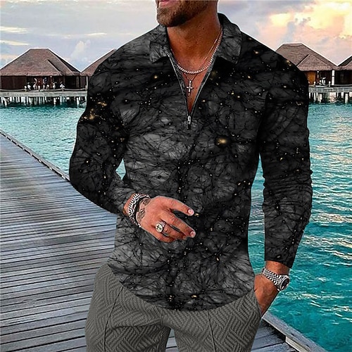 

Men's Collar Polo Shirt Golf Shirt Crack Turndown Black 3D Print Outdoor Street Long Sleeve Zipper Print Clothing Apparel Fashion Designer Casual Breathable / Summer / Spring / Summer