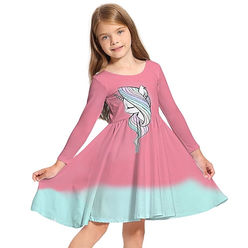 

Kids Little Girls' Dress Unicorn Animal A Line Dress Daily Holiday Vacation Print Pink Above Knee Long Sleeve Casual Cute Sweet Dresses Fall Spring Regular Fit 3-10 Years