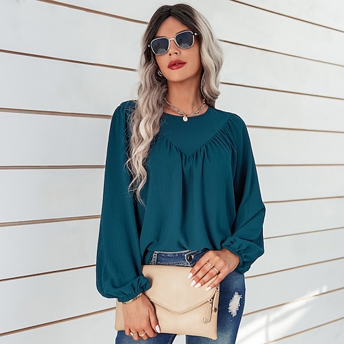 

Women's Blouse Shirt Green Wine Beige Plain Long Sleeve Office Business Streetwear Casual Round Neck Regular Lantern Sleeve S