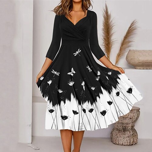 

Mulheres Vestido casual Vestido Swing Vestido midi Preto Manga 3/4 Animal Imprimir Verão Primavera Decote V Elegante 2023 S M L XL XXL