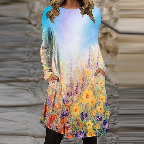 

Women's Shift Dress Knee Length Dress Green Blue Purple Long Sleeve Floral Color Gradient Pocket Print Fall Spring Crew Neck Casual Vacation 2022 S M L XL XXL 3XL