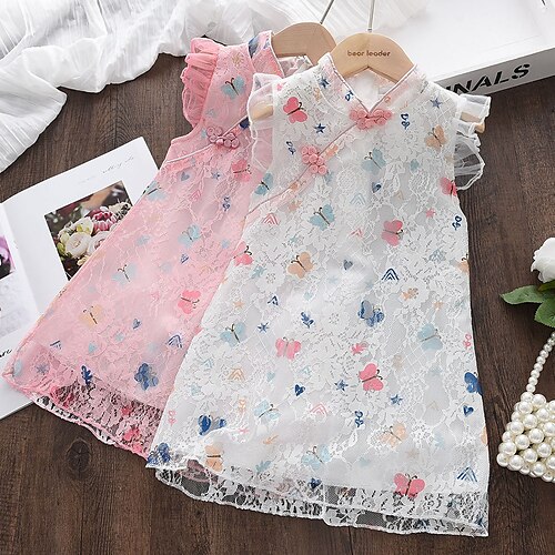 

Kids Girls' Dress Butterfly Cheongsam Dress Knee-length Dress Performance Lace Sleeveless Chinoiserie Dress 2-8 Years Summer Pink White