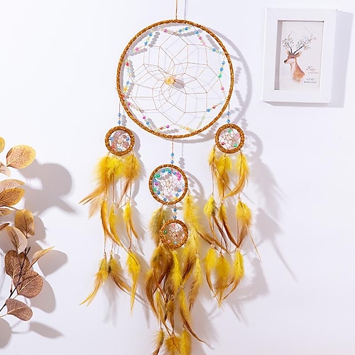 

Yellow Orange Large Dream Catcher 5 Circles Feather Wind Chime Boho Style Handmade Gift with Feather Home Decoration Wall Hanging for Wedding Festival 2065cm