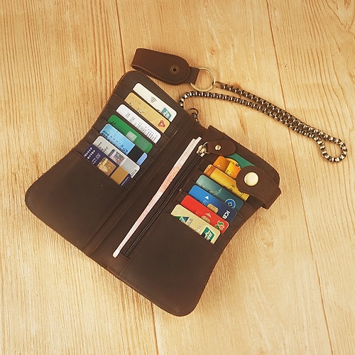 

Travel Passport Holder ID Holder Men's Leather Wallet Leather Long Wallet Iron Chain Anti-theft Clutch Bag Rfid Anti-degaussing Theft Brush Coin Purse