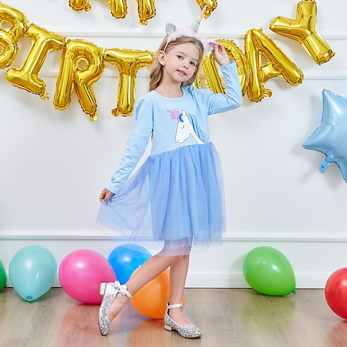 

vestido das crianças das meninas unicórnio dos desenhos animados uma linha vestido de aniversário impressão de desempenho azul na altura do joelho manga longa princesa vestidos doces outono inverno