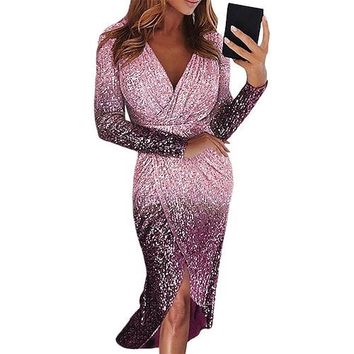 

Women's Cocktail Party Dress Sequin Dress Midi Dress Purple Pink Gold Red Long Sleeve Color Gradient Snowflake Sequins Ruched Split Fall Winter V Neck Stylish 2023 S M L XL / Cotton