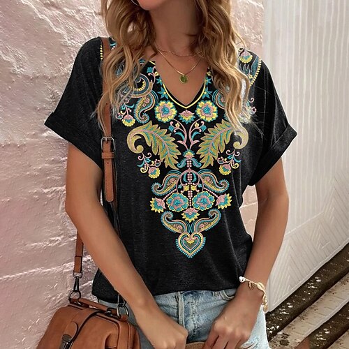 

Women's Floral Casual Holiday Weekend Floral Painting T shirt Tee Short Sleeve Print V Neck Basic Essential Tops Black S / 3D Print