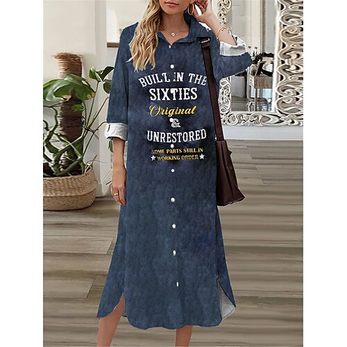 

Women's Shift Dress Midi Dress Navy Blue 3/4 Length Sleeve Letter Button Print Fall Spring Shirt Collar Casual Fashion 2022 S M L XL XXL 3XL