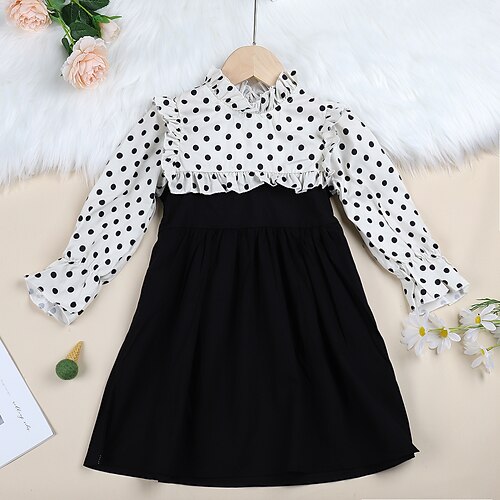 

Kids Toddler Little Girls' Dress Polka Dot Special Occasion Daily Ruffle Patchwork Black Knee-length Long Sleeve Elegant Beautiful Dresses Autumn / Fall Spring Regular Fit 1pcs 2-6 Years