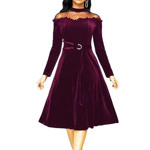 

Women's A Line Dress Knee Length Dress Black Blue Purple Long Sleeve Pure Color Mesh Fall Spring Stand Collar Elegant Fashion Vintage 2022 S M L XL XXL 3XL 4XL 5XL