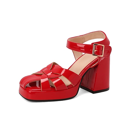 

Women's Sandals Ankle Strap Sandals Buckle Chunky Heel Round Toe Minimalism Daily Patent Leather Buckle Fall Summer Solid Colored Black Green Silver