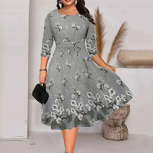 

Women's Plus Size Holiday Dress Floral Crew Neck Print 3/4 Length Sleeve Fall Spring Work Midi Dress Daily Vacation Dress