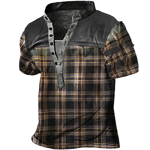 

Men's Henley Shirt Tee T shirt Tee 3D Print Graphic Patterned Lattice Tartan Stand Collar Daily Sports Button-Down Print Short Sleeve Tops Basic Casual Classic Big and Tall Black / Summer