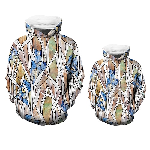 

Mommy and Me Hoodie Floral Sports Outdoor Print Green Blue Long Sleeve Active Matching Outfits