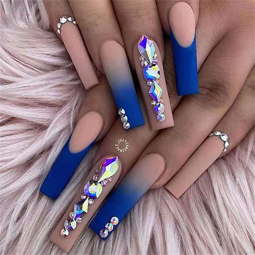 

Press on Nails with Rhinestones Design Blue Coffin Fake Long Nails Bling Acrylic False Nails Full Cover Flower Nails for Women and Girls 24PCS