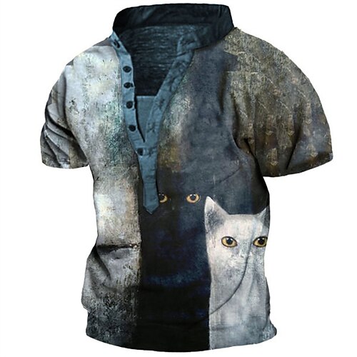

Men's Henley Shirt Tee T shirt Tee 3D Print Cat Graphic Patterned Plus Size Henley Daily Sports Button-Down Print Short Sleeve Tops Designer Basic Casual Classic Blue / Summer / Summer