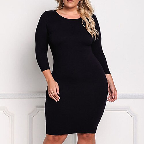 

Women's Plus Size Holiday Dress Solid Color Crew Neck 3/4 Length Sleeve Fall Winter Sexy Knee Length Dress Date Vacation Dress