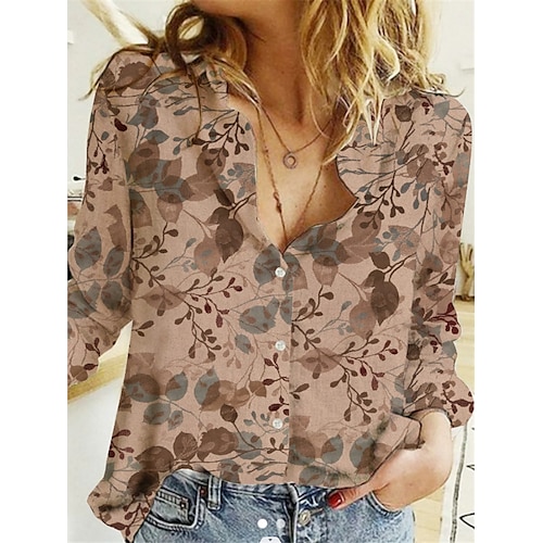 

Damen Hemd Bluse Kamel Blätter Patchwork Bedruckt Langarm Casual Täglich Vintage Brautkleider schlicht Hemdkragen Standard Lockere Passform S