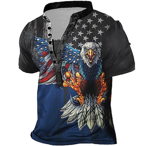 

Men's T shirt Tee Henley Shirt Tee Graphic National Flag Stand Collar Blue 3D Print Plus Size Outdoor Daily Short Sleeve Button-Down Print Clothing Apparel Basic Designer Casual Big and Tall / Summer