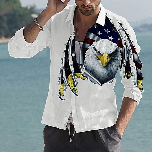 

Men's Shirt Graphic Shirt Animal Eagle Turndown White 3D Print Outdoor Street Long Sleeve Button-Down Print Clothing Apparel Fashion Designer Casual Breathable