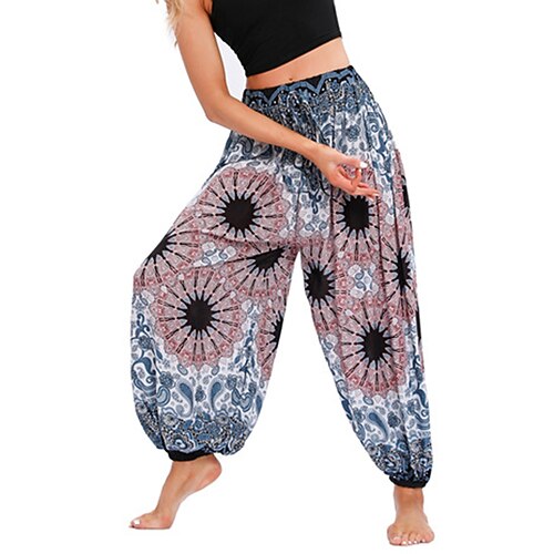 

Women's Hip-Hop Hippie Joggers Harem Pants Drawstring Pocket High Cut Full Length Pants Casual Weekend Micro-elastic Paisley Comfort High Waist Loose Pink Navy Blue One-Size / Boho / Print