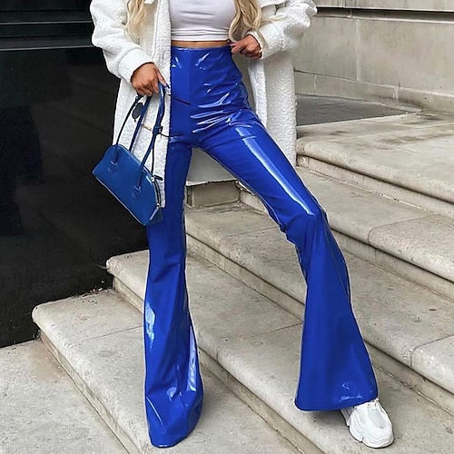 

Women's Flare Chinos Pants Trousers Bell Bottom Faux Leather Blue Black Mid Waist Fashion Office / Career Casual Weekend Micro-elastic Full Length Comfort Plain S M L